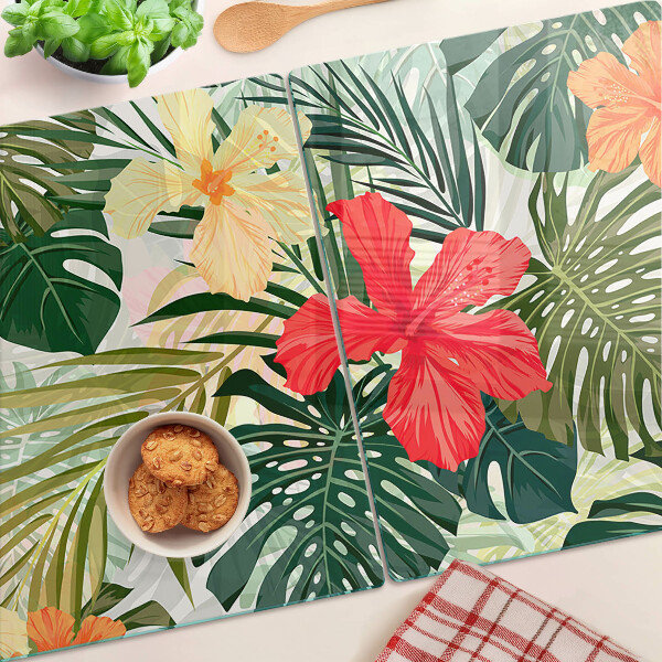 Tagliere in vetro temperato con motivo di fiori e foglie tropicali