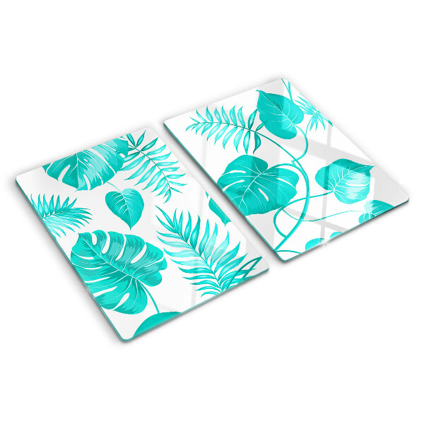 Tagliere in vetro con motivo di foglie tropicali nei toni del verde