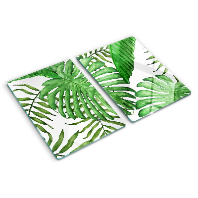 Tagliere in vetro temperato con motivo di foglie tropicali nei toni del verde