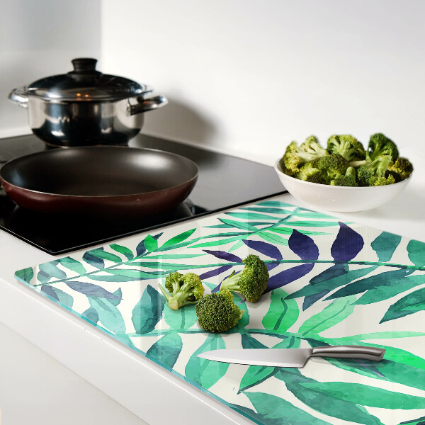 Tagliere in vetro con motivo di foglie di palma in stile acquerello