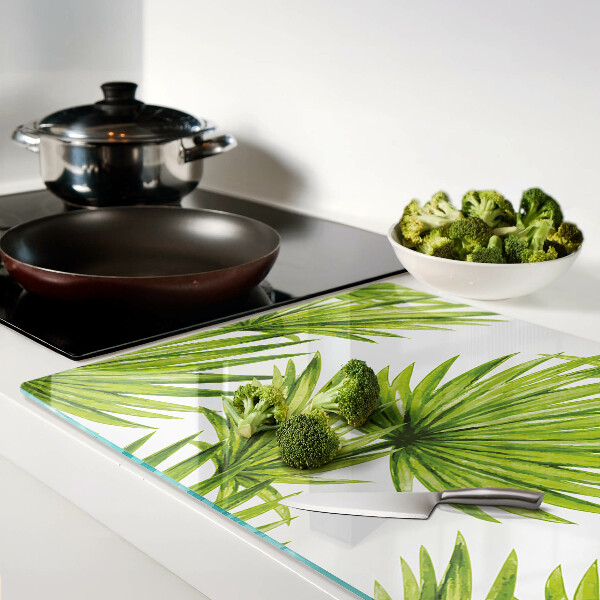 Tagliere in vetro temperato con motivo di foglie di palma nei toni del verde
