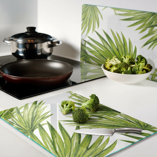 Tagliere in vetro temperato con motivo di foglie di palma nei toni del verde