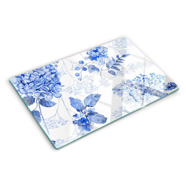 Tagliere in vetro con motivo di fiori nei toni del blu