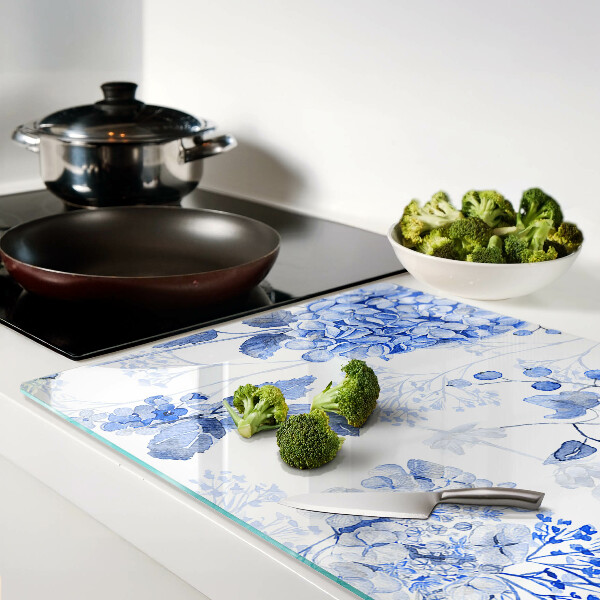 Tagliere in vetro con motivo di fiori nei toni del blu