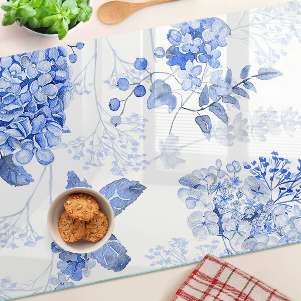 Tagliere in vetro con motivo di fiori nei toni del blu