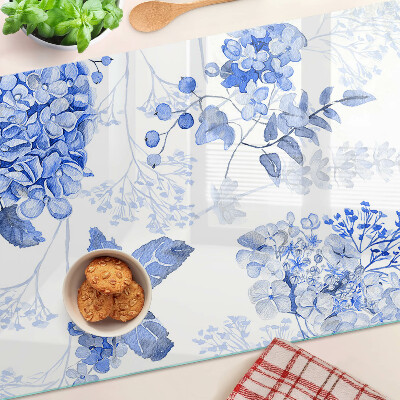 Tagliere in vetro con motivo di fiori nei toni del blu