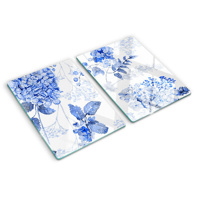 Tagliere in vetro con motivo di fiori nei toni del blu