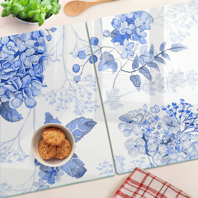 Tagliere in vetro con motivo di fiori nei toni del blu