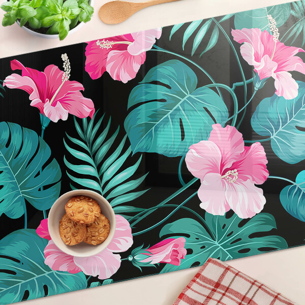 Tagliere in vetro temperato con motivo di fiori e foglie tropicali
