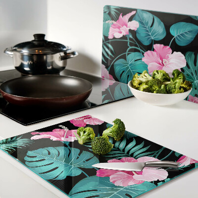 Tagliere in vetro temperato con motivo di fiori e foglie tropicali