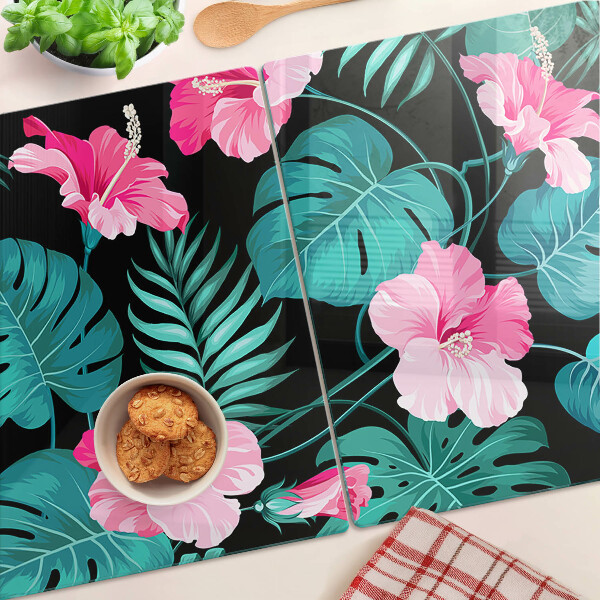 Tagliere in vetro temperato con motivo di fiori e foglie tropicali