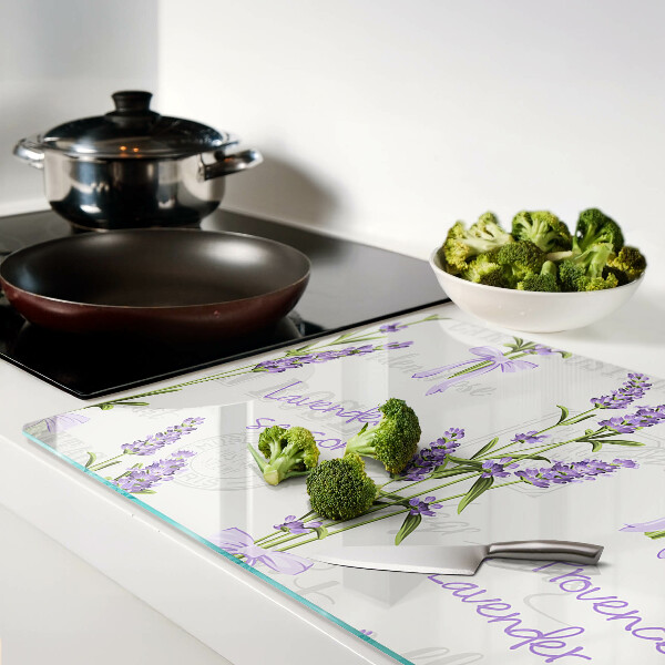Tagliere in vetro temperato con motivo lavanda e scritte in stile provenzale