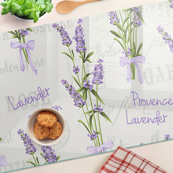 Tagliere in vetro temperato con motivo lavanda e scritte in stile provenzale