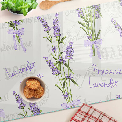 Tagliere in vetro temperato con motivo lavanda e scritte in stile provenzale