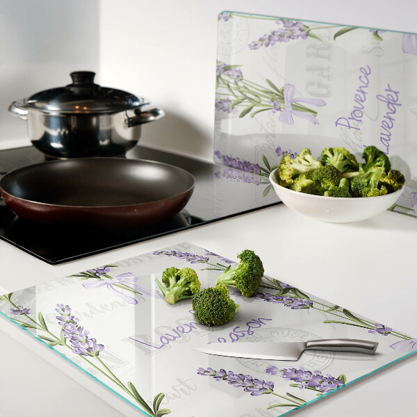 Tagliere in vetro temperato con motivo lavanda e scritte in stile provenzale