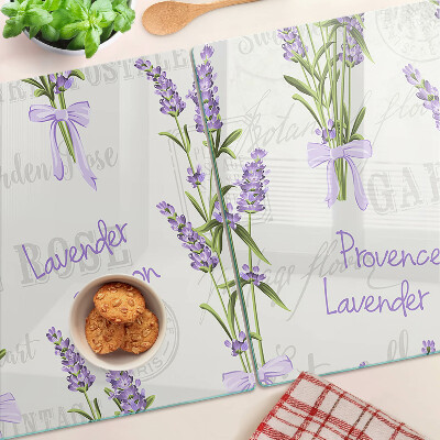 Tagliere in vetro temperato con motivo lavanda e scritte in stile provenzale