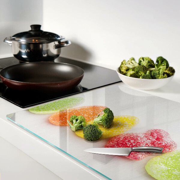 Tagliere in vetro temperato con decoro di dolci nei colori dell'arcobaleno