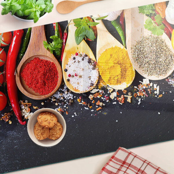 Tagliere in vetro temperato con decorazione a tema spezie ed erbe