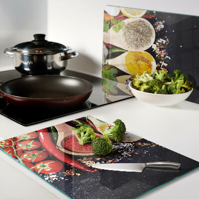 Tagliere in vetro temperato con decorazione a tema spezie ed erbe