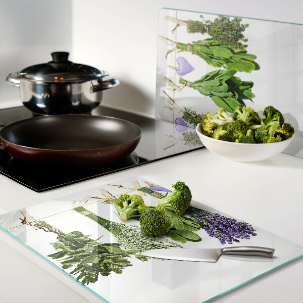 Tagliere in vetro con stampa di erbe legate con spago