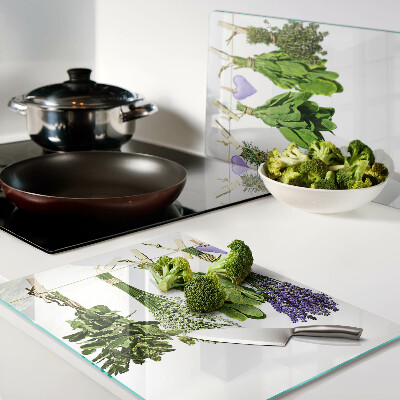 Tagliere in vetro con stampa di erbe legate con spago