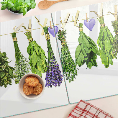 Tagliere in vetro con stampa di erbe legate con spago