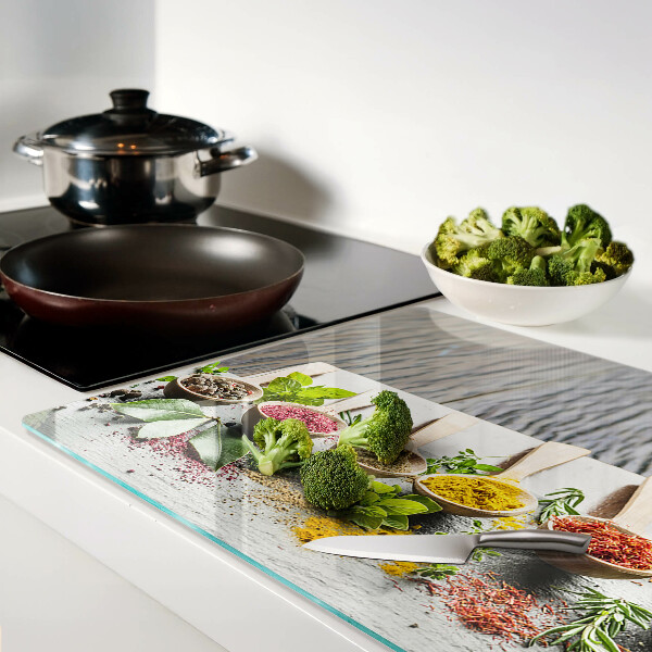 Tagliere in vetro temperato con decorazione a tema spezie ed erbe