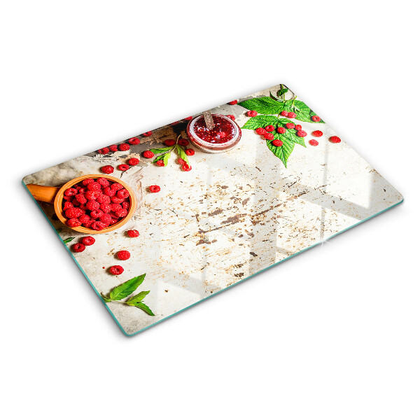 Tagliere in vetro con stampa di lamponi e foglie
