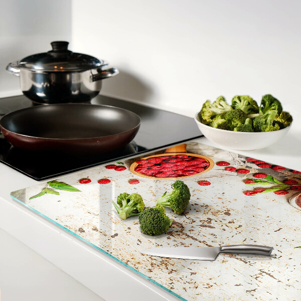 Tagliere in vetro con stampa di lamponi e foglie