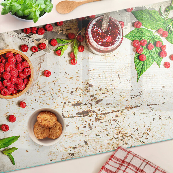 Tagliere in vetro con stampa di lamponi e foglie
