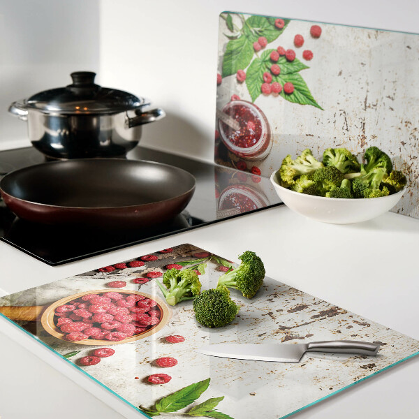 Tagliere in vetro con stampa di lamponi e foglie