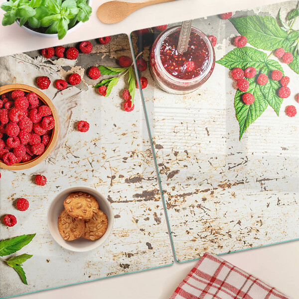 Tagliere in vetro con stampa di lamponi e foglie