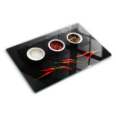 Tagliere in vetro temperato con stampa di spezie e peperoncini rossi