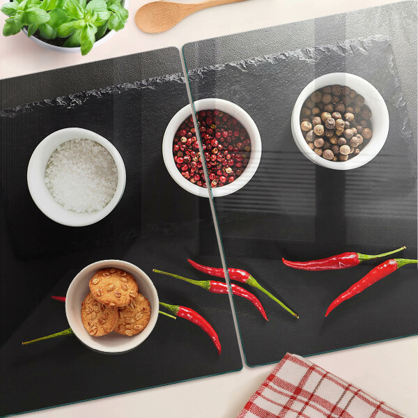 Tagliere in vetro temperato con stampa di spezie e peperoncini rossi