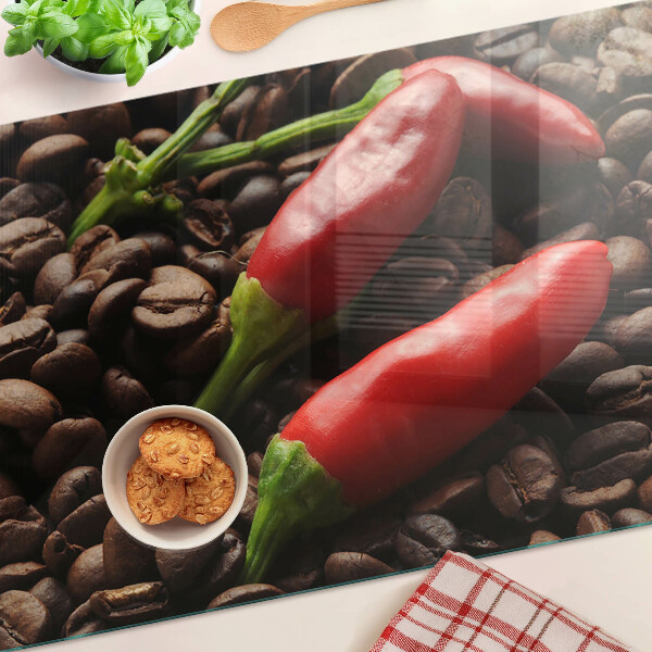 Tagliere in vetro con stampa a tema caffè e peperoncini