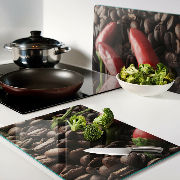 Tagliere in vetro con stampa a tema caffè e peperoncini