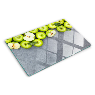 Tagliere in vetro temperato con stampa di mele verdi su sfondo grigio
