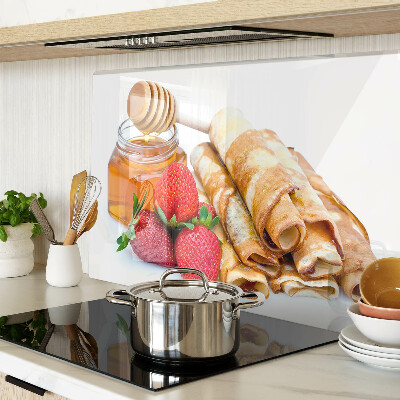 Tagliere in vetro temperato con decorazione a tema pancake con miele e fragole