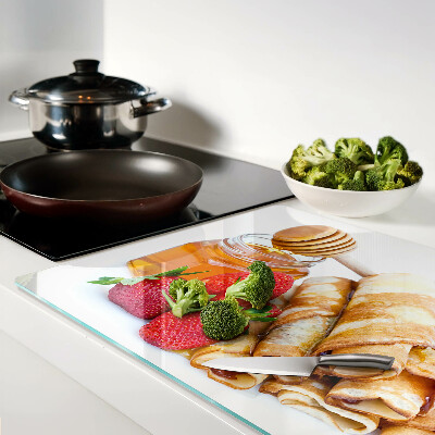 Tagliere in vetro temperato con decorazione a tema pancake con miele e fragole