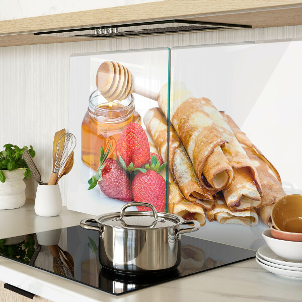 Tagliere in vetro temperato con decorazione a tema pancake con miele e fragole
