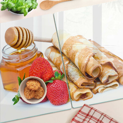 Tagliere in vetro temperato con decorazione a tema pancake con miele e fragole