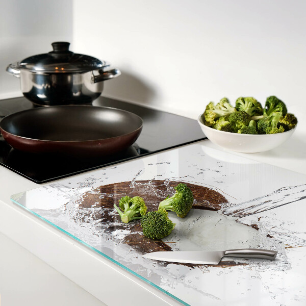 Tagliere in vetro temperato con motivo cocco con effetto acqua e schizzo