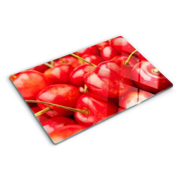 Tagliere in vetro temperato con stampa di ciliegie su sfondo rosso