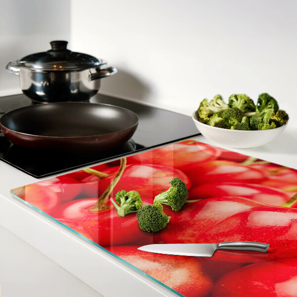 Tagliere in vetro temperato con stampa di ciliegie su sfondo rosso