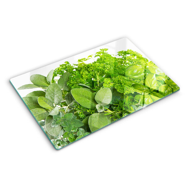 Tagliere in vetro temperato con motivo di erbe e foglie verdi