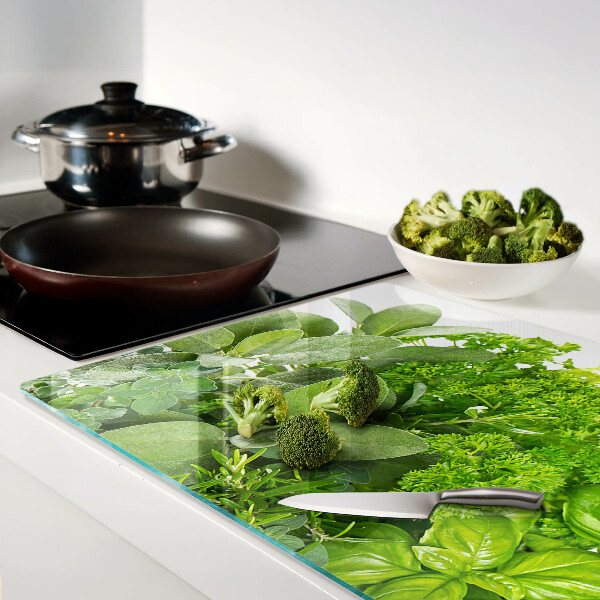 Tagliere in vetro temperato con motivo di erbe e foglie verdi