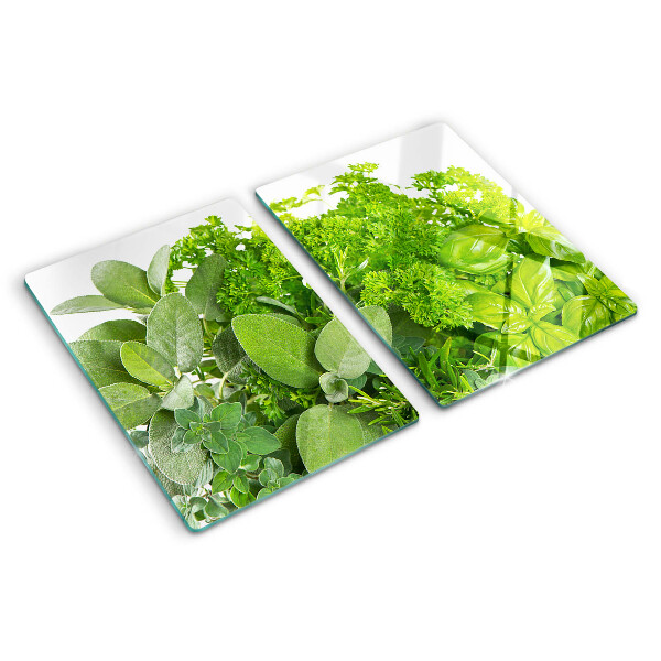 Tagliere in vetro temperato con motivo di erbe e foglie verdi