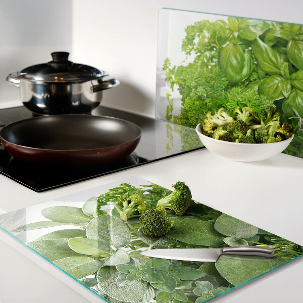 Tagliere in vetro temperato con motivo di erbe e foglie verdi