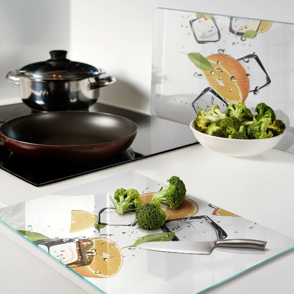 Tagliere in vetro temperato con stampa di agrumi su sfondo ghiacciato