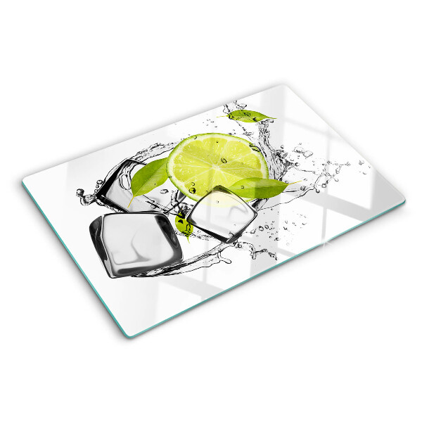 Tagliere in vetro temperato Limone con ghiaccio e foglie